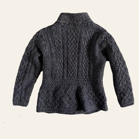 Merino Aran Cable Knit Zip Cardigan Swtr Navy Womens Small Irish Shrunk Fits XS - Picture 2 of 9